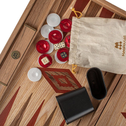 Premium Handcrafted Oak/Dark Red &amp; American Walnut Backgammon Set with Side Racks - Elegant Marquetry Design 48x60cm (by Manopoulos) (BKD1RED) - 5200430705307 - Crystal Lotus