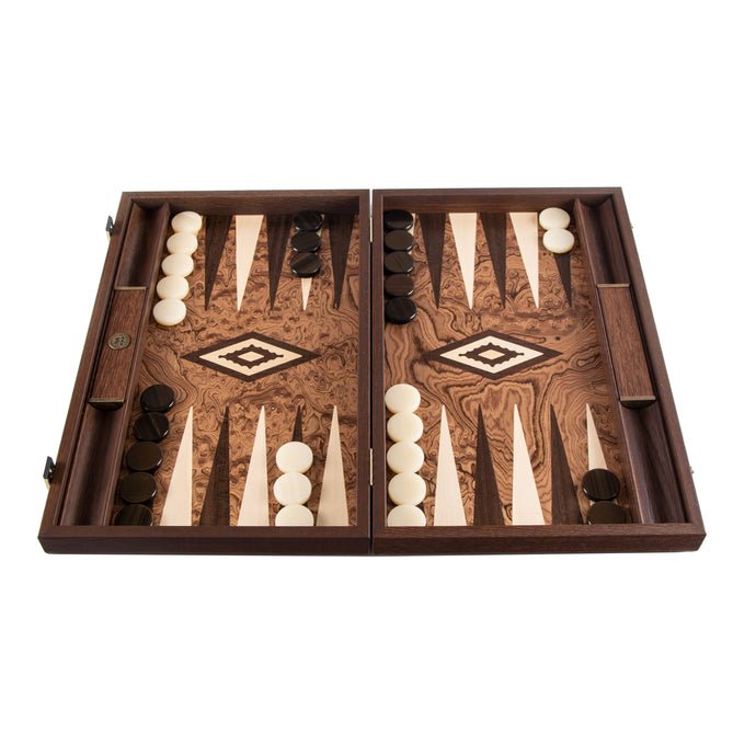 Premium Handcrafted Walnut Burl Backgammon Set with Side Racks 48x60cm (by Manopoulos) - 5250000000057 - Crystal Lotus