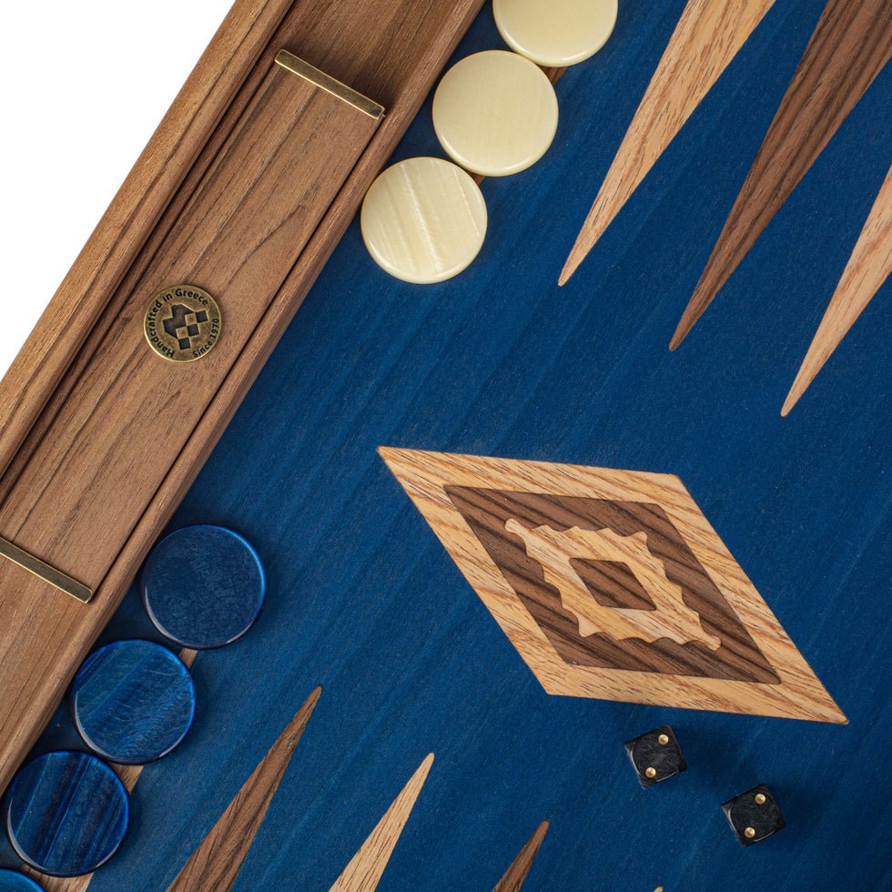 Premium Handcrafted Walnut with Blue Oak Backgammon Set 48x60cm (by Manopoulos) (BKO1) - 5200430700852 - Crystal Lotus