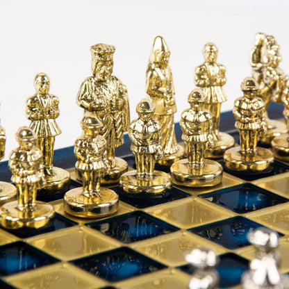 Premium Metalic Chess Set - Byzantine Empire Chessmen in Gold &amp; Silver - Blue &amp; Gold Chessboard 20x20cm (by Manopoulos) - 5200430708247 - Crystal Lotus