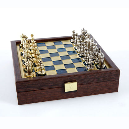 Premium Metalic Chess Set - Byzantine Empire Chessmen in Gold &amp; Silver - Wooden Box with Blue Chessboard 20x20cm (by Manopoulos) - 5200430711551 - Crystal Lotus
