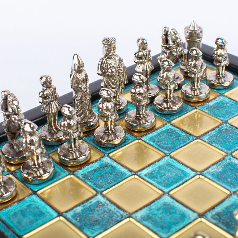 Premium Metalic Chess Set - Byzantine Empire Chessmen in Gold &amp; Silver - Wooden Box with Blue Chessboard 20x20cm (by Manopoulos) - 5200430711551 - Crystal Lotus