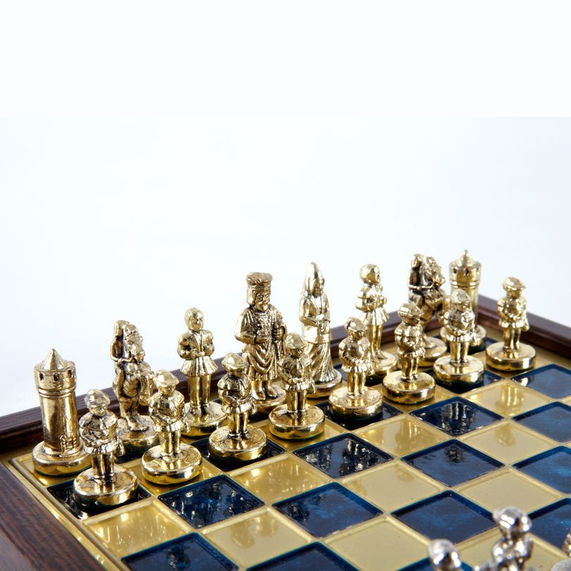 Premium Metalic Chess Set - Byzantine Empire Chessmen in Gold &amp; Silver - Wooden Box with Blue Chessboard 20x20cm (by Manopoulos) (SK1BLU) - 5200430711551 - Crystal Lotus