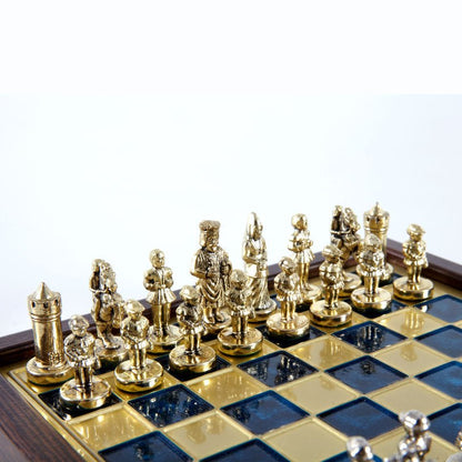 Premium Metalic Chess Set - Byzantine Empire Chessmen in Gold &amp; Silver - Wooden Box with Blue Chessboard 20x20cm (by Manopoulos) (SK1BLU) - 5200430711551 - Crystal Lotus