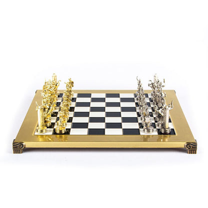 Premium Metalic Chess Set - Greek Roman Period Chessmen in Gold &amp; Silver - Blue &amp; Gold Chessboard 36x36cm (by Manopoulos) - 5200430709282 - Crystal Lotus