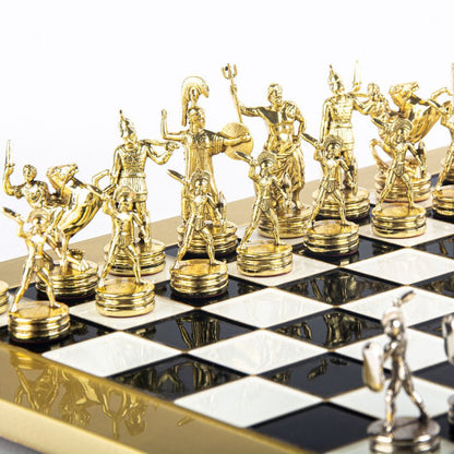 Premium Metalic Chess Set - Greek Roman Period Chessmen in Gold &amp; Silver - Blue &amp; Gold Chessboard 36x36cm (by Manopoulos) - 5200430709282 - Crystal Lotus