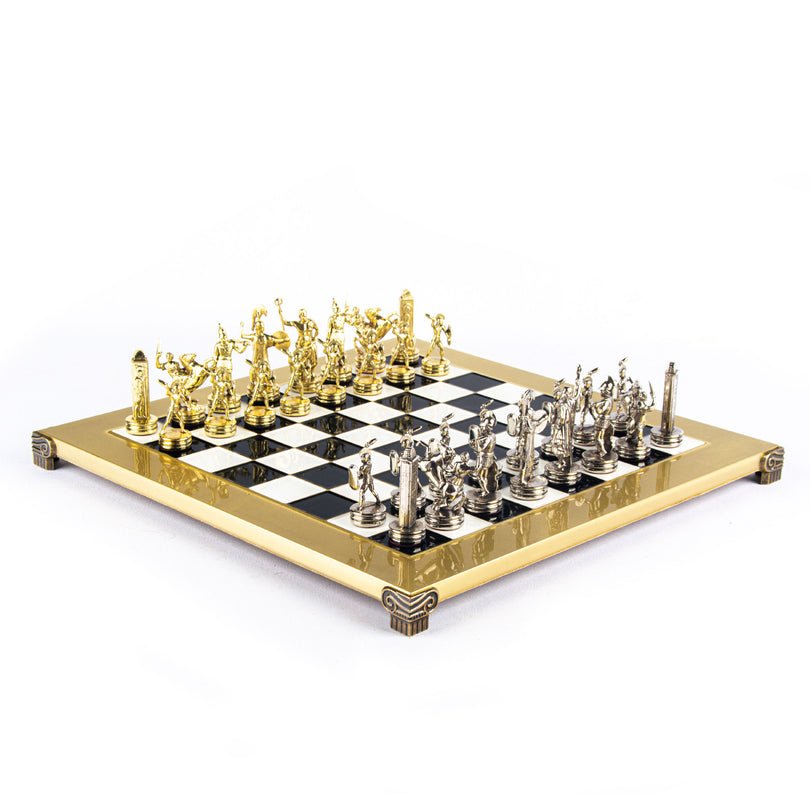 Premium Metalic Chess Set - Greek Roman Period Chessmen in Gold &amp; Silver - Blue &amp; Gold Chessboard 36x36cm (by Manopoulos) - 5200430709282 - Crystal Lotus