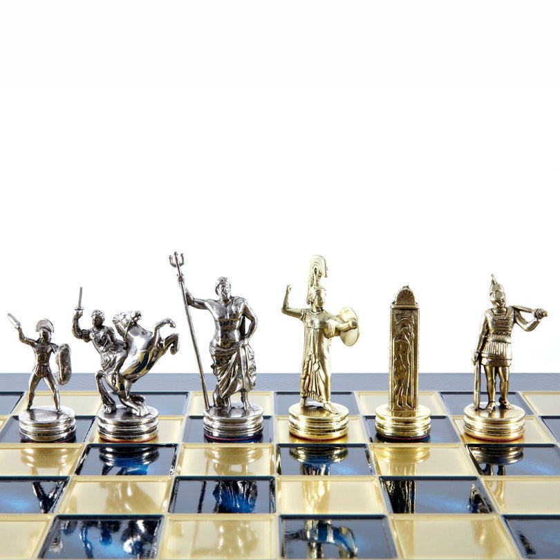 Premium Metalic Chess Set - Greek Roman Period Chessmen in Gold &amp; Silver - Blue &amp; Gold Chessboard 36x36cm (by Manopoulos) (S4BLU) - 5200430709282 - Crystal Lotus