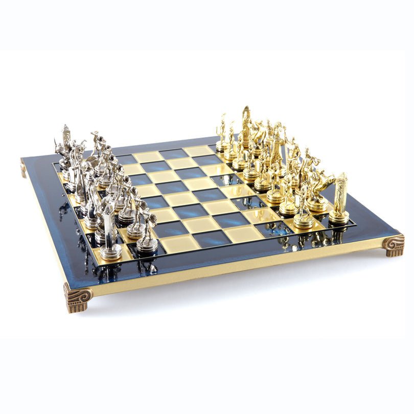Premium Metalic Chess Set - Greek Roman Period Chessmen in Gold &amp; Silver - Blue &amp; Gold Chessboard 36x36cm (by Manopoulos) (S4BLU) - 5200430709282 - Crystal Lotus