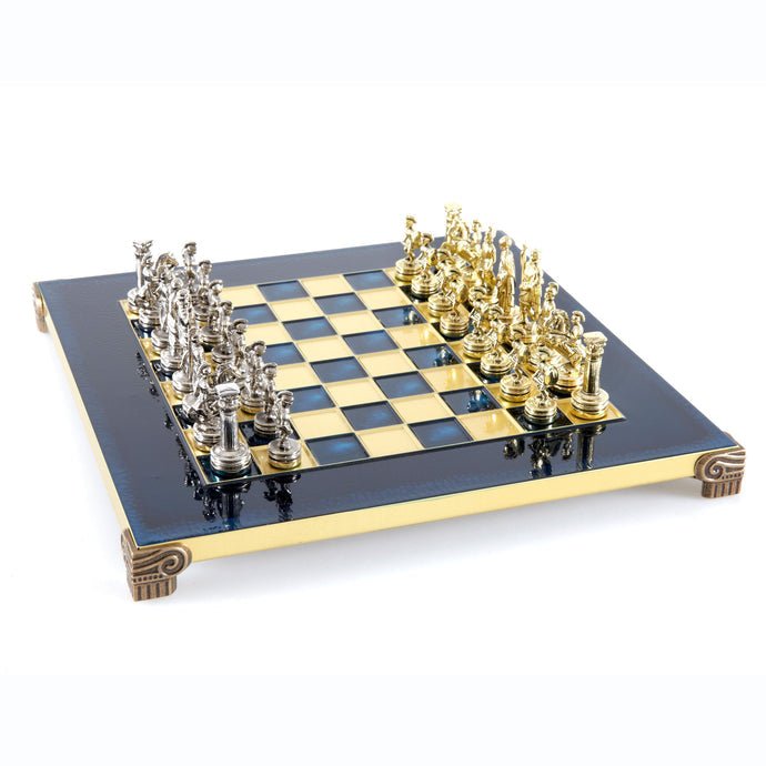 Premium Metalic Chess Set - Greek Roman Period Chessmen in Gold &amp; Silver - Bronze Chessboard 28x28cm (by Manopoulos) - 5200430708438 - Crystal Lotus