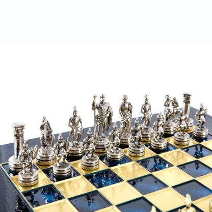 Premium Metalic Chess Set - Greek Roman Period Chessmen in Gold &amp; Silver - Bronze Chessboard 28x28cm (by Manopoulos) - 5200430708438 - Crystal Lotus