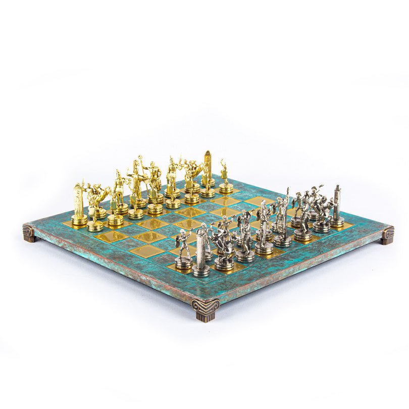 Premium Metalic Chess Set - Greek Roman Period Chessmen in Gold &amp; Silver - Turquoise Chessboard 36x36cm (by Manopoulos) - 5200430709312 - Crystal Lotus