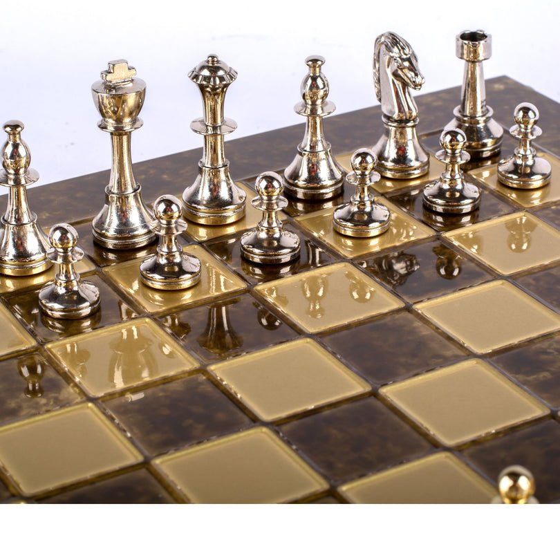 Premium Metalic Chess Set - Staunton like Chessmen in Gold &amp; Silver - Bronze Chessboard 36x36cm (by Manopoulos) - 5200430710196 - Crystal Lotus