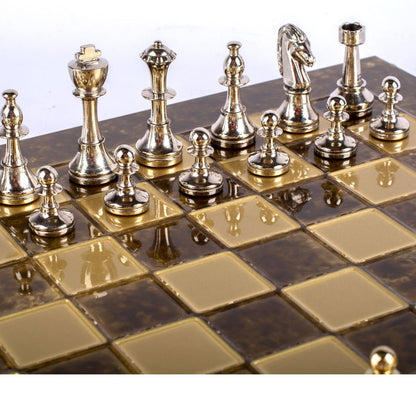 Premium Metalic Chess Set - Staunton like Chessmen in Gold &amp; Silver - Bronze Chessboard 36x36cm (by Manopoulos) - 5200430710196 - Crystal Lotus