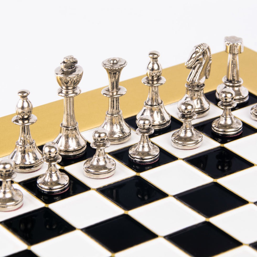 Premium Metalic Chess Set - Staunton like Chessmen in Gold &amp; Silver - Gold Chessboard 28x28cm (by Manopoulos) (S32BLA) - 5200430709183 - Crystal Lotus