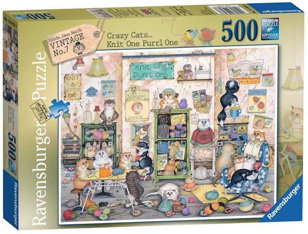 Ravensburger (14823) Crazy Cats No.7 Knit one, Purrl one 500 piece Jigsaw Puzzle - 4005556148233 - CrystalLotus.eu