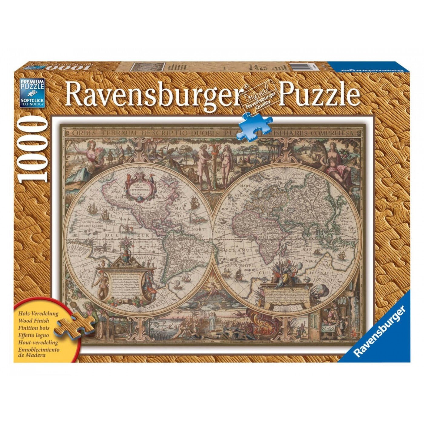 Ravensburger (19004) &quot;Print Wood, Antic Map of the World&quot; - 1000 pieces puzzle - 4005556190041 - CrystalLotus.eu