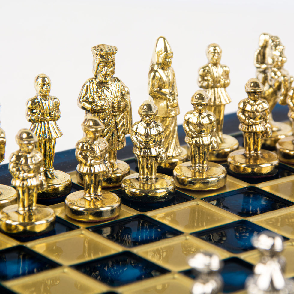 Premium Metalic Chess Set - Byzantine Empire Chessmen in Gold &amp; Silver - Blue &amp; Gold Chessboard 20x20cm (by Manopoulos) (S1BLU)