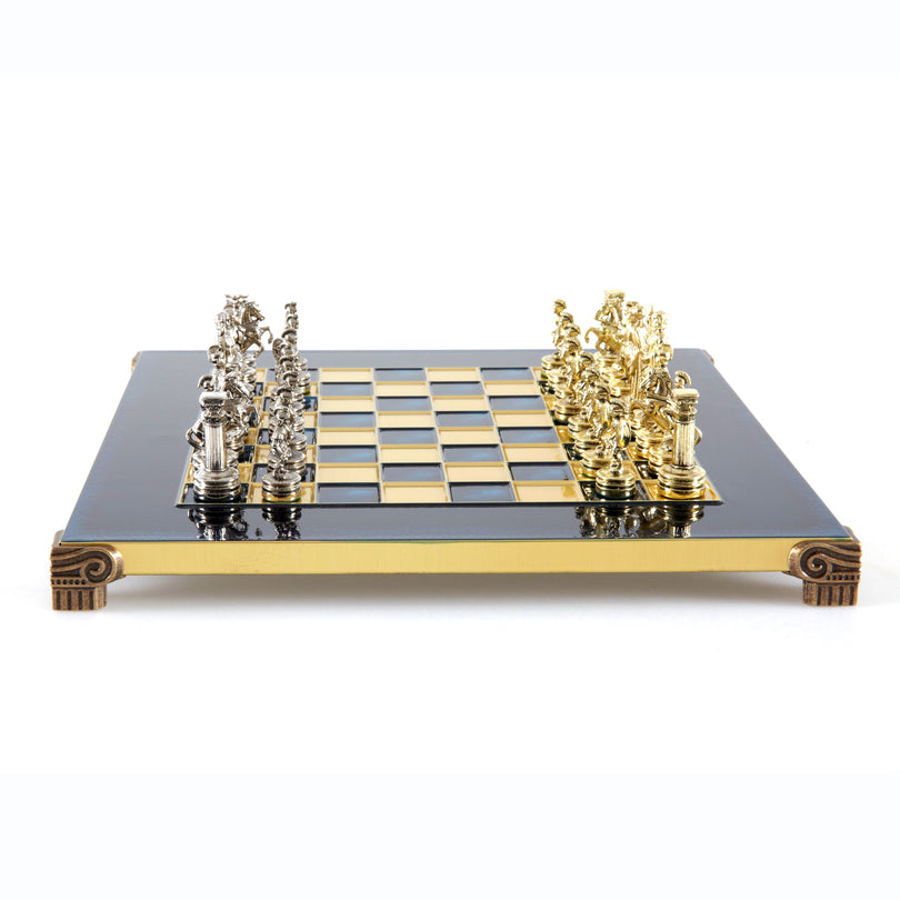 Premium Metalic Chess Set - Greek Roman Period Chessmen in Gold &amp; Silver - Bronze Chessboard 28x28cm (by Manopoulos) (S3BLU)