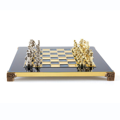 Premium Metalic Chess Set - Greek Roman Period Chessmen in Gold &amp; Silver - Bronze Chessboard 28x28cm (by Manopoulos) (S3BLU)