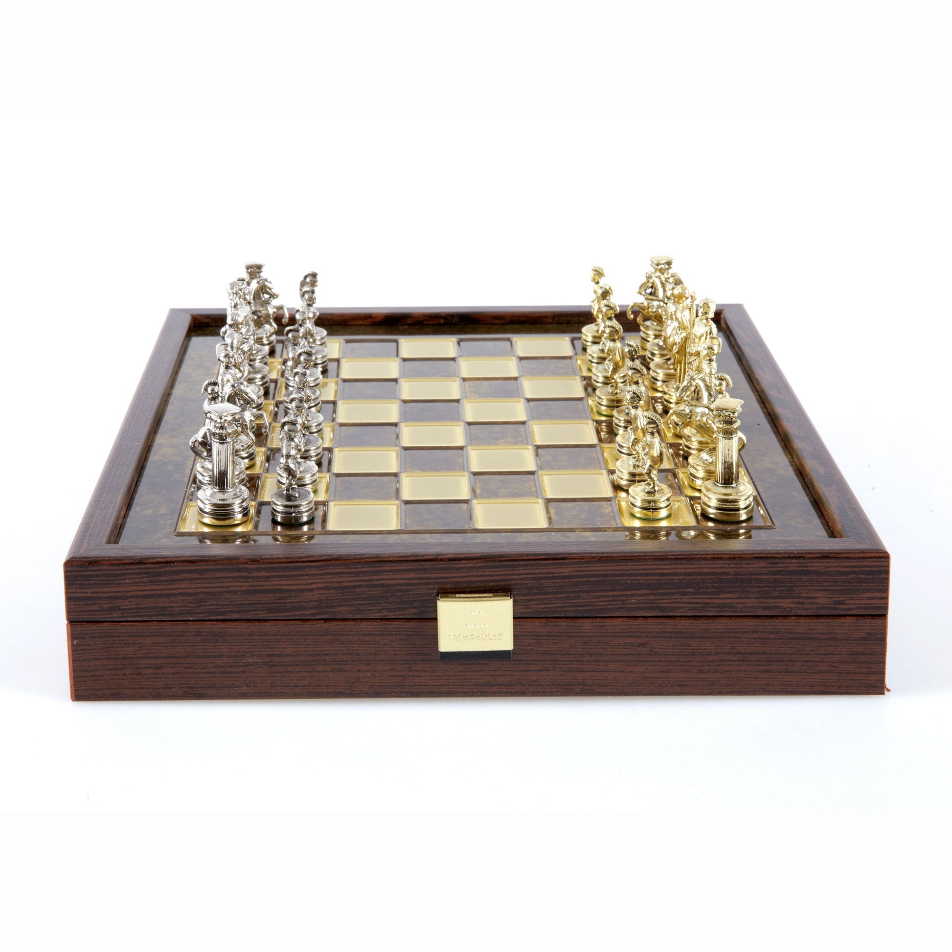 Handcrafted Greek Mythology Chess Set in Wooden Case – Gold &amp; Silver Chessmen - Brown (Medium Size) (by Manopoulos) (SK3BRO)
