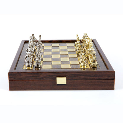 Handcrafted Greek Mythology Chess Set in Wooden Case – Gold &amp; Silver Chessmen - Brown (Medium Size) (by Manopoulos) (SK3BRO)