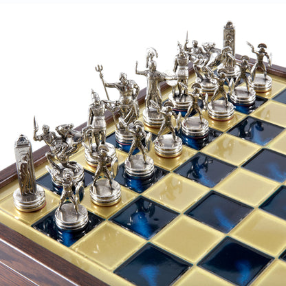 Handcrafted Greek Mythology Chess Set in Wooden Case – Gold &amp; Silver Chessmen (Medium Size 34cm x 34cm) (by Manopoulos) (SK4BLU)
