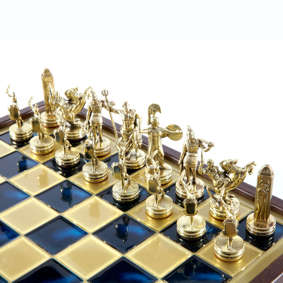 Handcrafted Greek Mythology Chess Set in Wooden Case – Gold &amp; Silver Chessmen (Medium Size 34cm x 34cm) (by Manopoulos) (SK4BLU)
