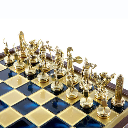 Handcrafted Greek Mythology Chess Set in Wooden Case – Gold &amp; Silver Chessmen (Medium Size 34cm x 34cm) (by Manopoulos) (SK4BLU)