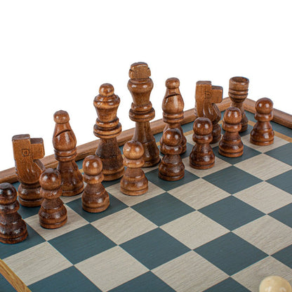 Turquoise 2-in-1 Combo Game Set - Chess &amp; Backgammon in Walnut Case 27 x 27cm (by Manopoulos) (STP28TIR) - 5200430701590 - Crystal Lotus