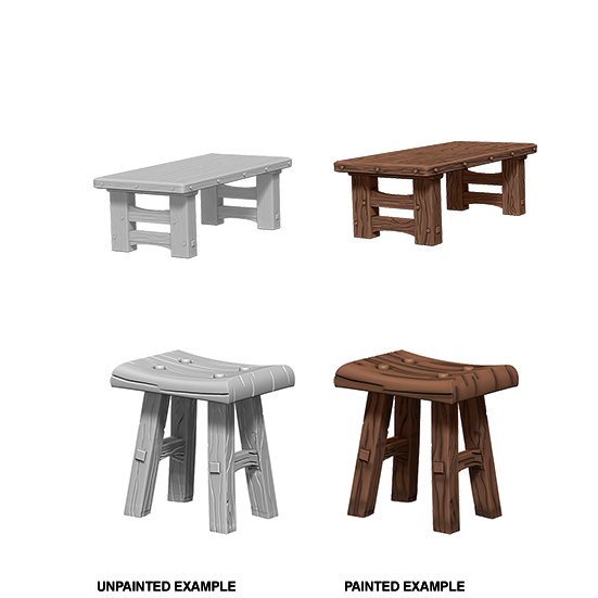 WizKids Deep Cuts Unpainted Miniatures: Wooden Table &amp; Stools - WAVE 4 - 634482725931 - CrystalLotus.eu