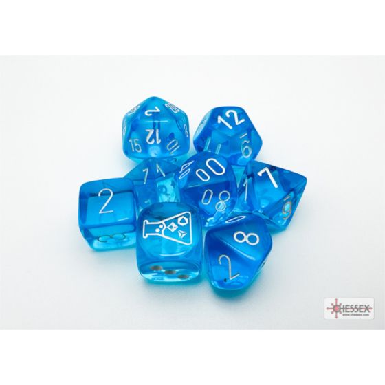 Chessex CHX30063 - Translucent Tropical Blue/White Polyhedral 7-Dice Set (Plus Lab Dice) - 601982040499 - crystallotus.eu