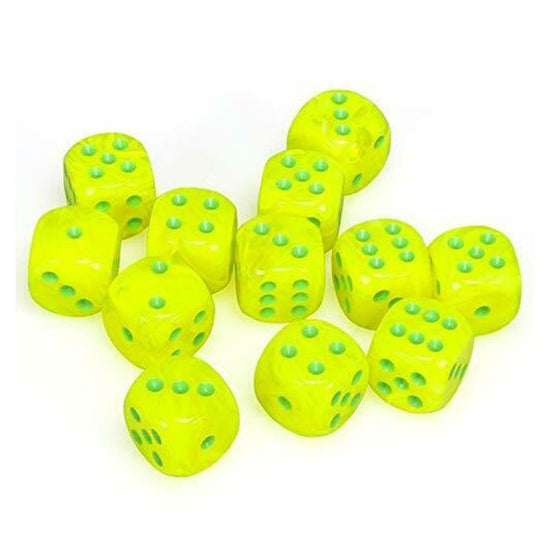 Chessex 16mm d6 with pips Dice Blocks (12 Dice) - Vortex Electric Yellow w/green